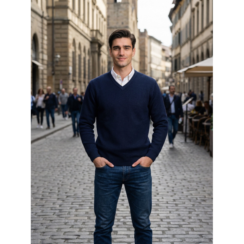 PULLOVER UOMO SCOLLO V PURO COTONE LAVORAZIONE A CHICCO DI RISO MADE IN ITALY