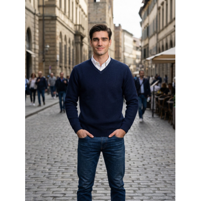 PULLOVER UOMO SCOLLO V PURO COTONE LAVORAZIONE A CHICCO DI RISO MADE IN ITALY