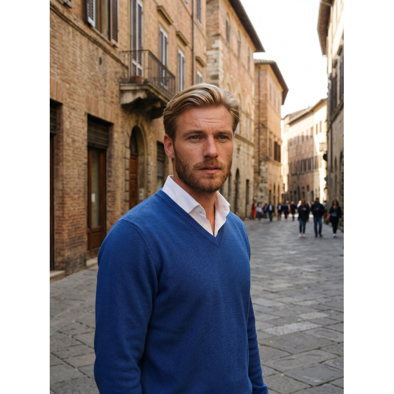 PULLOVER UOMO SCOLLO V PURO COTONE LAVORAZIONE A CHICCO DI RISO MADE IN ITALY