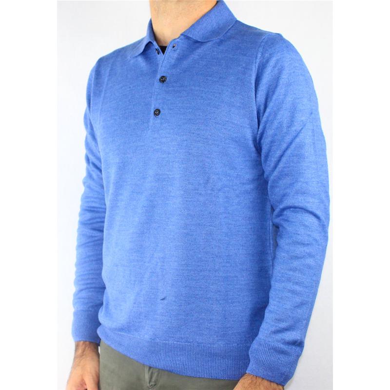 .MAGLIA UOMO POLO 3 BOTTONI.LANA MERINOS 80%.MADE IN ITALY M-3XL AZZURRO