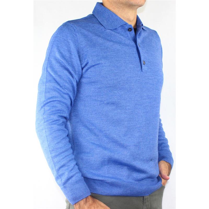 .MAGLIA UOMO POLO 3 BOTTONI.LANA MERINOS 80%.MADE IN ITALY M-3XL AZZURRO