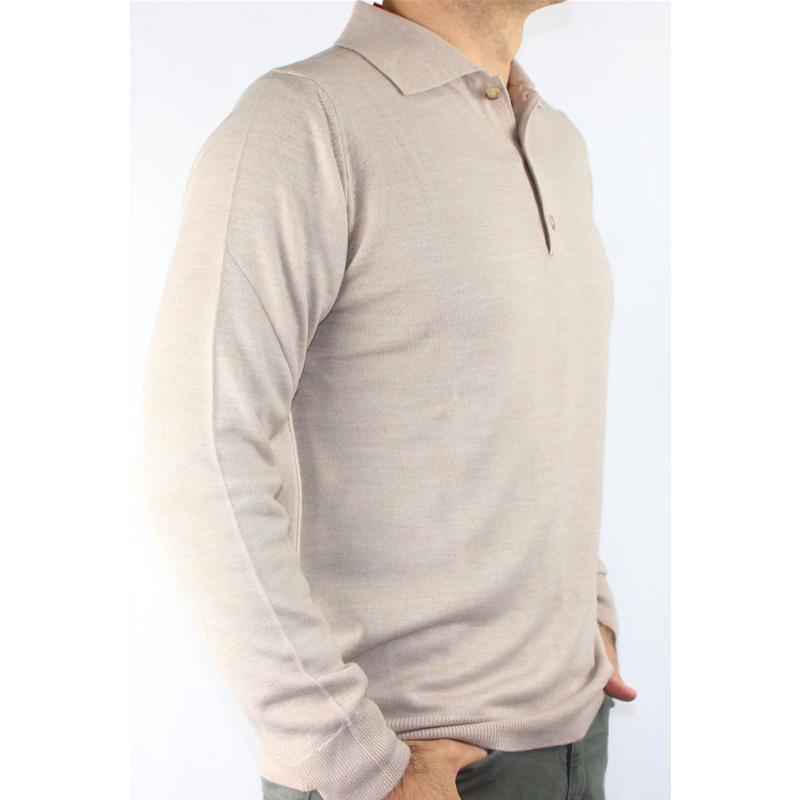.MAGLIA UOMO POLO 3 BOTTONI.LANA MERINOS 80%.MADE IN ITALY M-3XL SABBIA