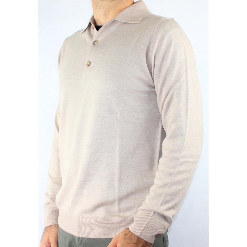 .MAGLIA UOMO POLO 3 BOTTONI.LANA MERINOS 80%.MADE IN ITALY M-3XL SABBIA
