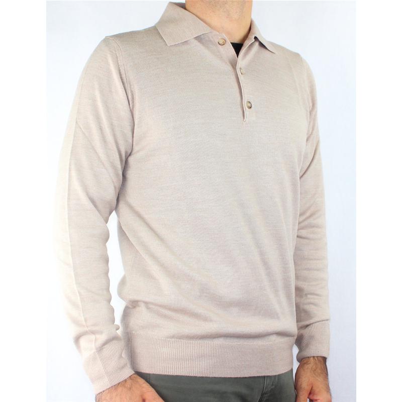 .MAGLIA UOMO POLO 3 BOTTONI.LANA MERINOS 80%.MADE IN ITALY M-3XL SABBIA